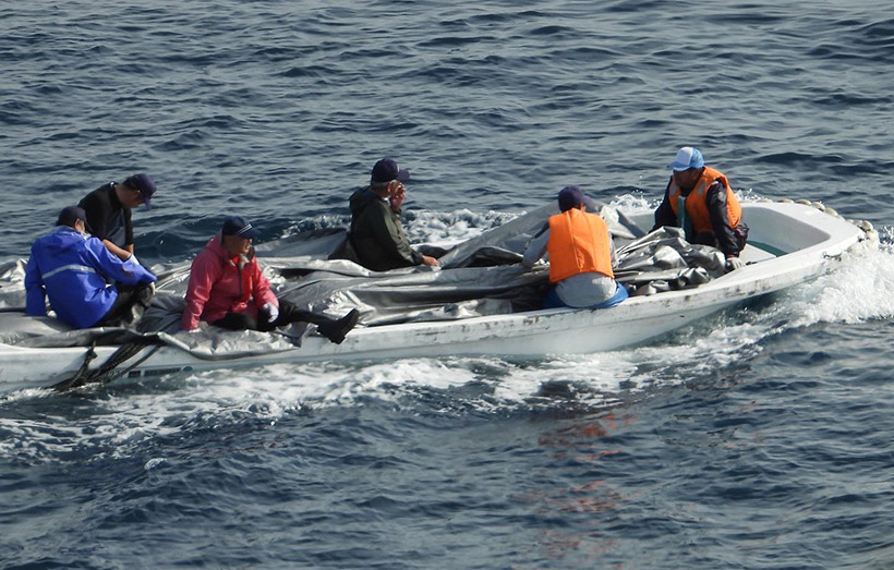 Das erste Boot mit Delfinleichen verlässt die Bucht. Die Mörder versuchen mit Planen ihr Verbrechen zu verstecken