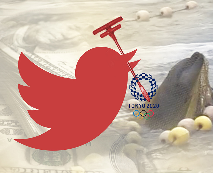 Twitter in rot steht für Delfinblut und im Mund das Tötungswerkzeug mit dem in Taiji die Wirbelsäule der  Delfine zerstochen werden