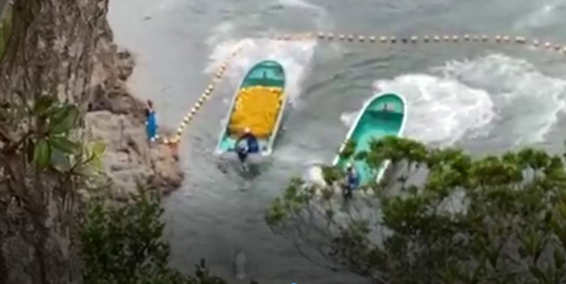 Ein einzelner Risso's Delfin wird mehrere Stunden lang im Netz in der Bucht von den japanischen Monstern mit Bootsmotoren terrorisiert